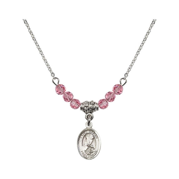 18-Inch Rhodium Plated Necklace with 4mm Rose Pink October Birth Month Stone Beads and Saint Sarah Charm