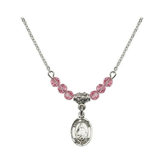 18-Inch Rhodium Plated Necklace with 4mm Rose Pink October Birth Month Stone Beads and Saint Theodora Charm