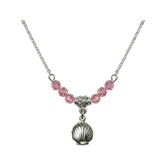 18-Inch Rhodium Plated Necklace with 4mm Rose Pink October Birth Month Stone Beads and Shell Charm