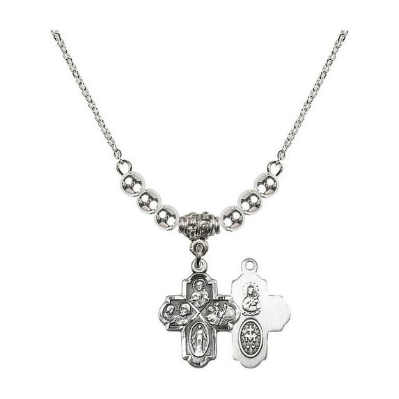 18-Inch Rhodium Plated Necklace with 4mm Sterling Silver Beads and 4-Way Charm