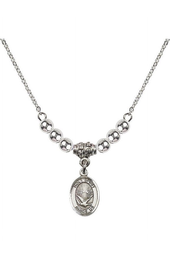 18-Inch Rhodium Plated Necklace with 4mm Sterling Silver Beads and Holy Spirit Charm