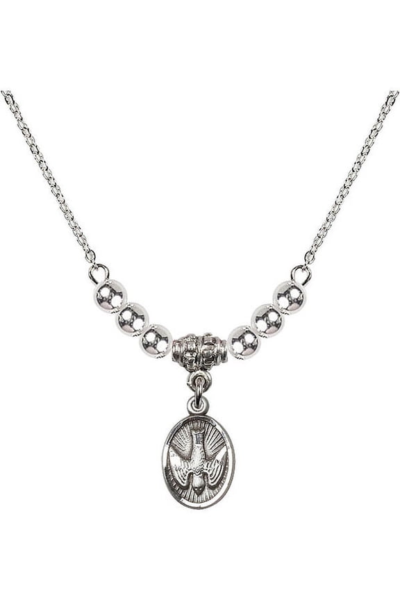 18-Inch Rhodium Plated Necklace with 4mm Sterling Silver Beads and Holy Spirit Charm