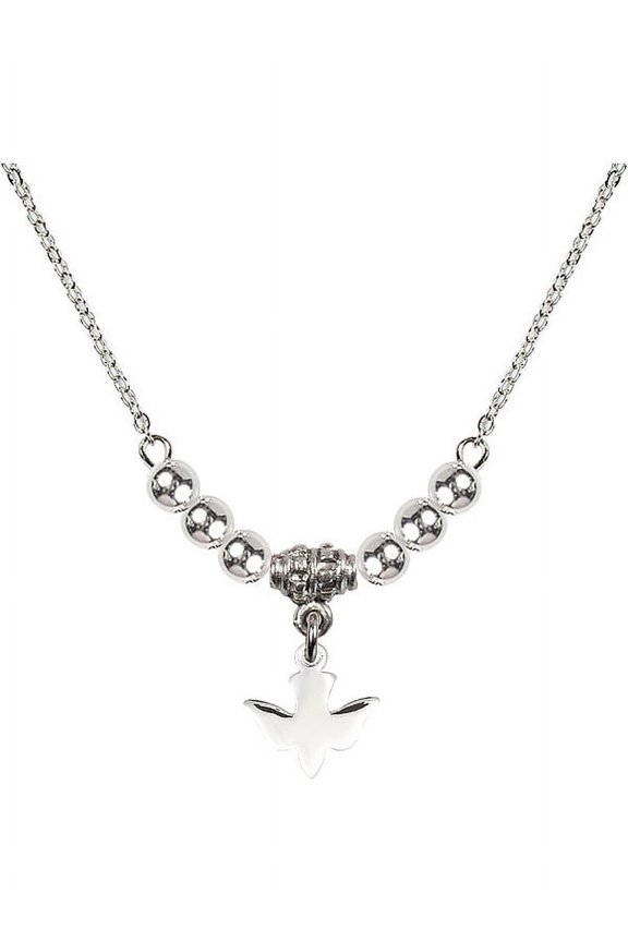18-Inch Rhodium Plated Necklace with 4mm Sterling Silver Beads and Holy Spirit Charm