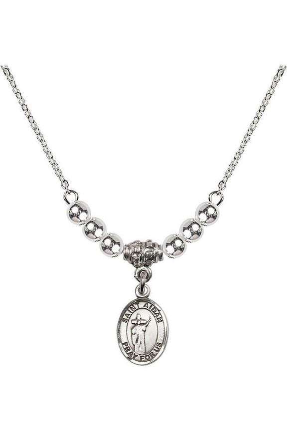 18-Inch Rhodium Plated Necklace with 4mm Sterling Silver Beads and Saint Aidan of Lindesfarne Charm