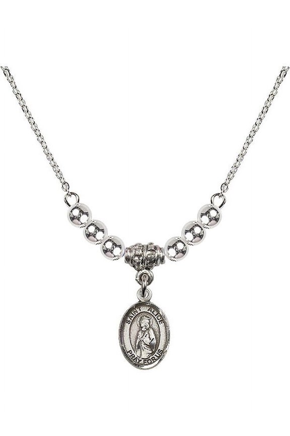 18-Inch Rhodium Plated Necklace with 4mm Sterling Silver Beads and Saint Alice Charm