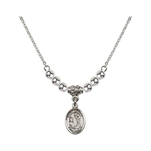 18-Inch Rhodium Plated Necklace with 4mm Sterling Silver Beads and Saint Cecilia Charm