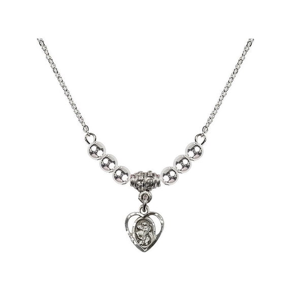 18-Inch Rhodium Plated Necklace with 4mm Sterling Silver Beads and Saint Christopher Charm