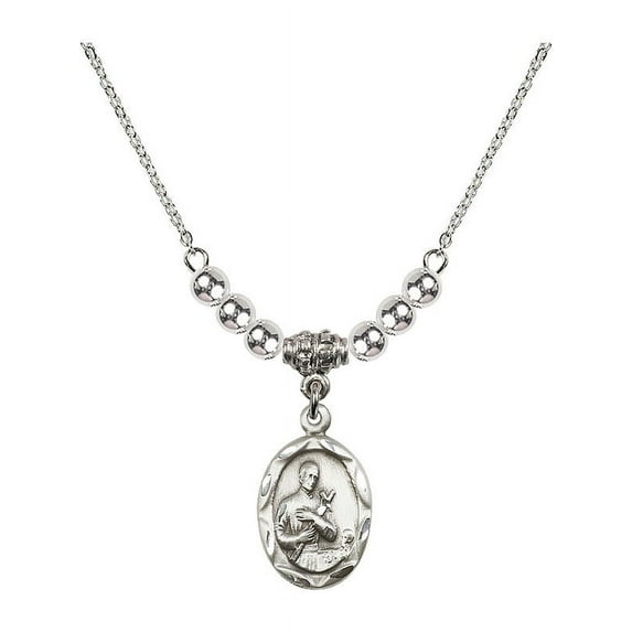 18-Inch Rhodium Plated Necklace with 4mm Sterling Silver Beads and Saint Gerard Charm