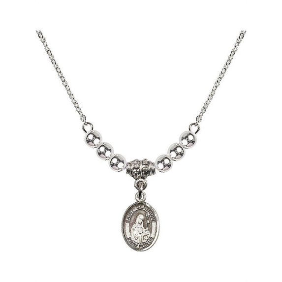 18-Inch Rhodium Plated Necklace with 4mm Sterling Silver Beads and Saint Gertrude of Nivelles Charm