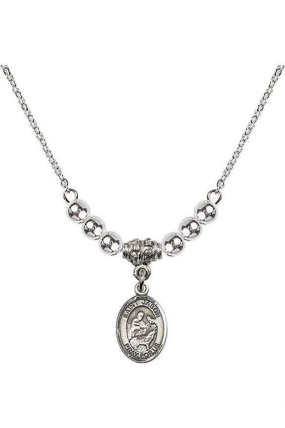 18-Inch Rhodium Plated Necklace with 4mm Sterling Silver Beads and Saint Jason Charm