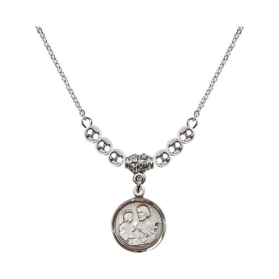 18-Inch Rhodium Plated Necklace with 4mm Sterling Silver Beads and Saint Joseph Charm
