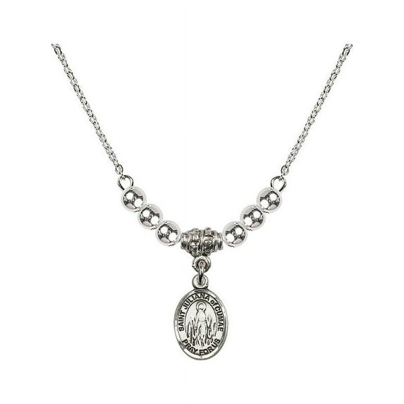 18-Inch Rhodium Plated Necklace with 4mm Sterling Silver Beads and Saint Juliana of Cumae Charm