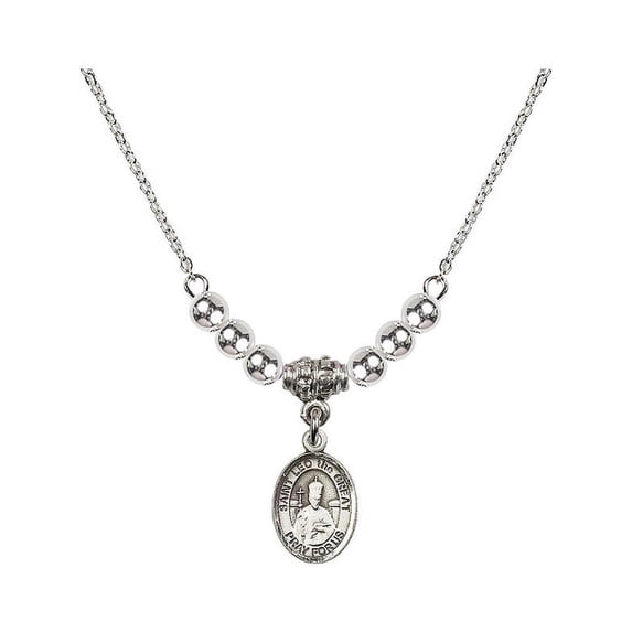 18-Inch Rhodium Plated Necklace with 4mm Sterling Silver Beads and Saint Leo the Great Charm