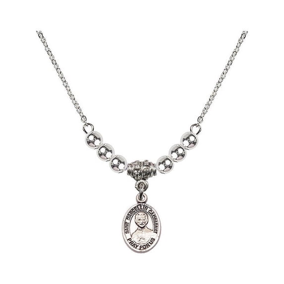 18-Inch Rhodium Plated Necklace with 4mm Sterling Silver Beads and Saint Marcellin Champagnat Charm