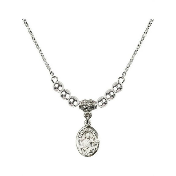 18-Inch Rhodium Plated Necklace with 4mm Sterling Silver Beads and Saint Martin de Porres Charm