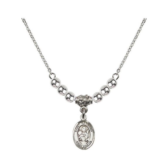 18-Inch Rhodium Plated Necklace with 4mm Sterling Silver Beads and Saint Raymond Nonnatus Charm
