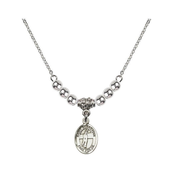 18-Inch Rhodium Plated Necklace with 4mm Sterling Silver Beads and Saint Sebastian / Volleyball Charm