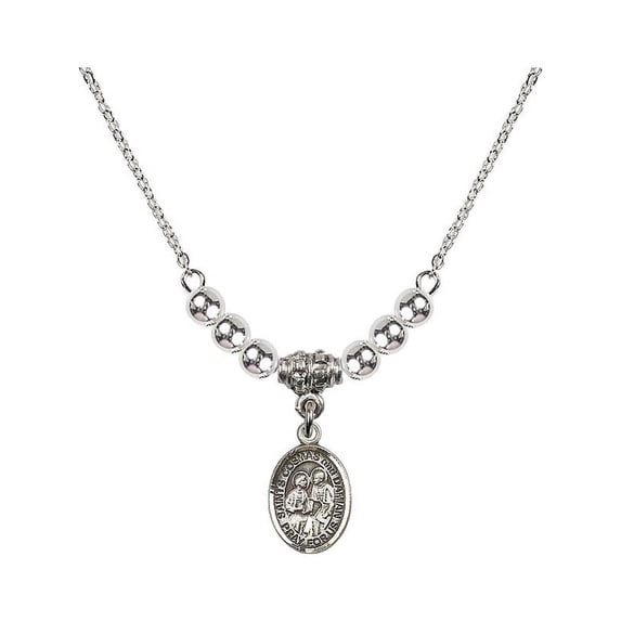 18-Inch Rhodium Plated Necklace with 4mm Sterling Silver Beads and Saints Cosmas & Damian Charm