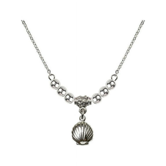 18-Inch Rhodium Plated Necklace with 4mm Sterling Silver Beads and Shell Charm