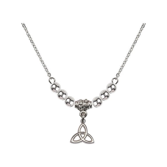 18-Inch Rhodium Plated Necklace with 4mm Sterling Silver Beads and Trinity Irish Knot Charm