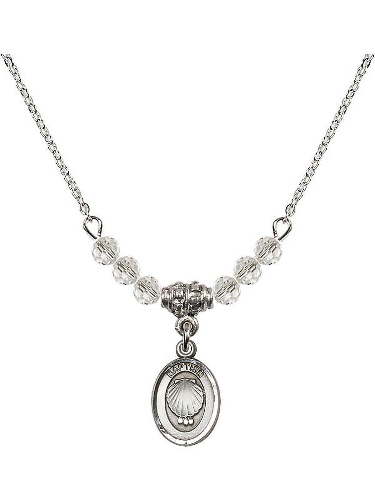 18-Inch Rhodium Plated Necklace with 4mm White April Birth Month Stone Beads and Baptism Charm