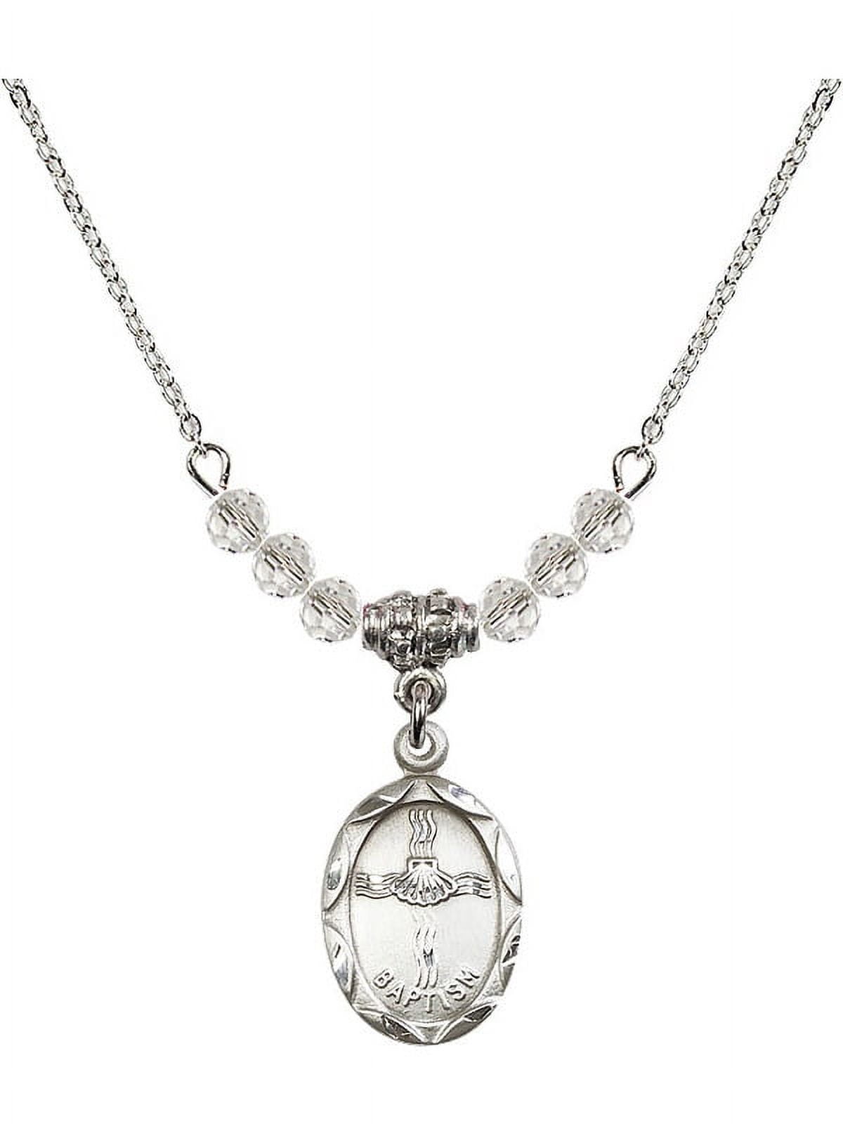 18-Inch Rhodium Plated Necklace with 4mm White April Birth Month Stone Beads and Baptism Charm