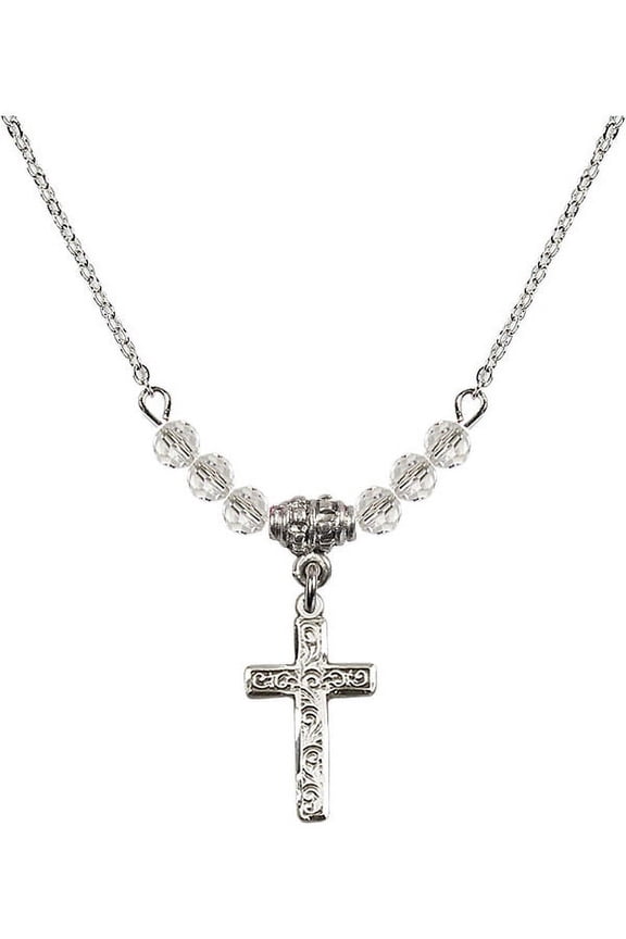 18-Inch Rhodium Plated Necklace with 4mm White April Birth Month Stone Beads and Cross Charm