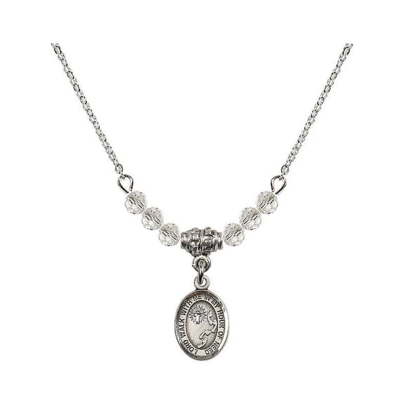 18-Inch Rhodium Plated Necklace with 4mm White April Birth Month Stone Beads and Footprints / Cross Charm