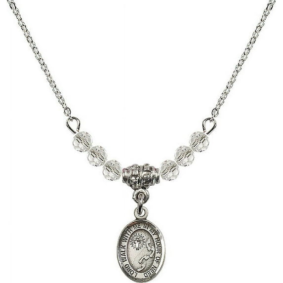 18-Inch Rhodium Plated Necklace with 4mm White April Birth Month Stone Beads and Footprints / Cross Charm