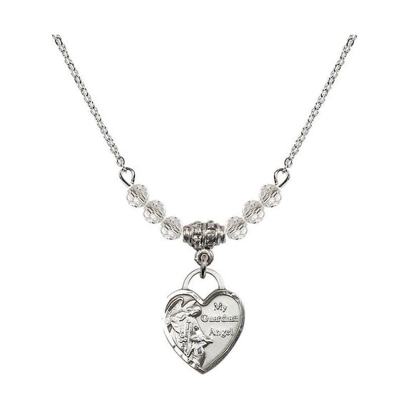 18-Inch Rhodium Plated Necklace with 4mm White April Birth Month Stone Beads and Guardian Angel Heart Charm