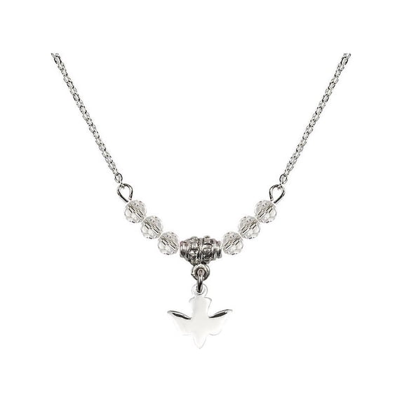 18-Inch Rhodium Plated Necklace with 4mm White April Birth Month Stone Beads and Holy Spirit Charm