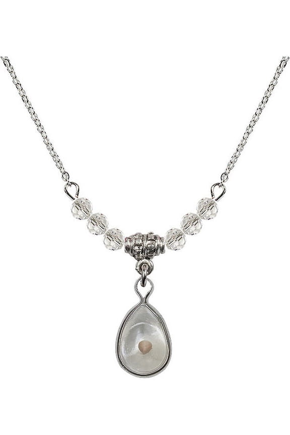 18-Inch Rhodium Plated Necklace with 4mm White April Birth Month Stone Beads and Mustard Seed Charm