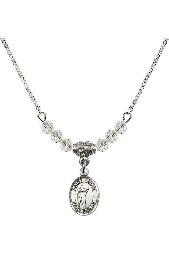 18-Inch Rhodium Plated Necklace with 4mm White April Birth Month Stone Beads and Saint Aidan of Lindesfarne Charm