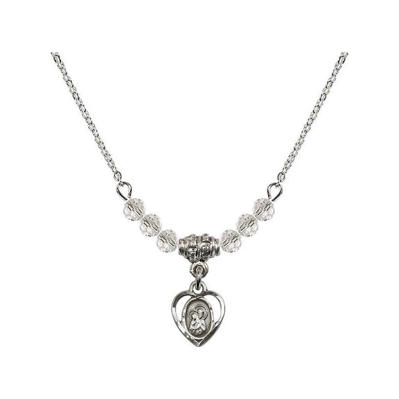 18-Inch Rhodium Plated Necklace with 4mm White April Birth Month Stone Beads and Saint Ann Charm