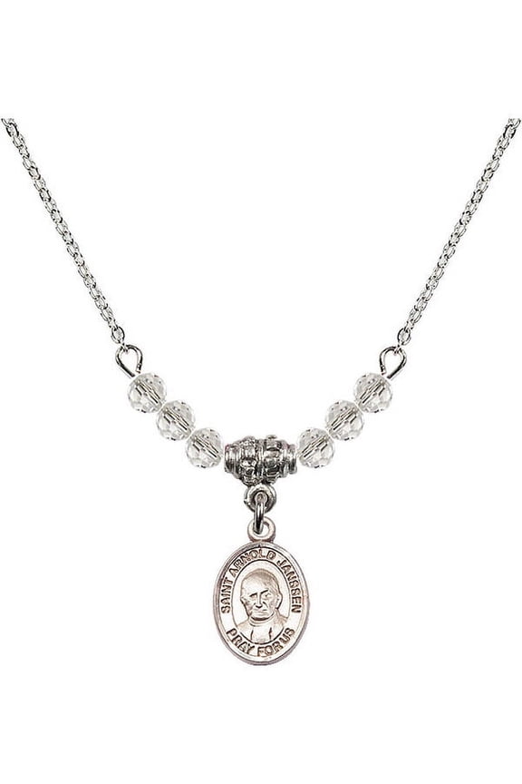 18-Inch Rhodium Plated Necklace with 4mm White April Birth Month Stone Beads and Saint Arnold Janssen Charm