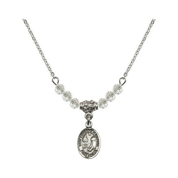 18-Inch Rhodium Plated Necklace with 4mm White April Birth Month Stone Beads and Saint Catherine of Bologna Charm