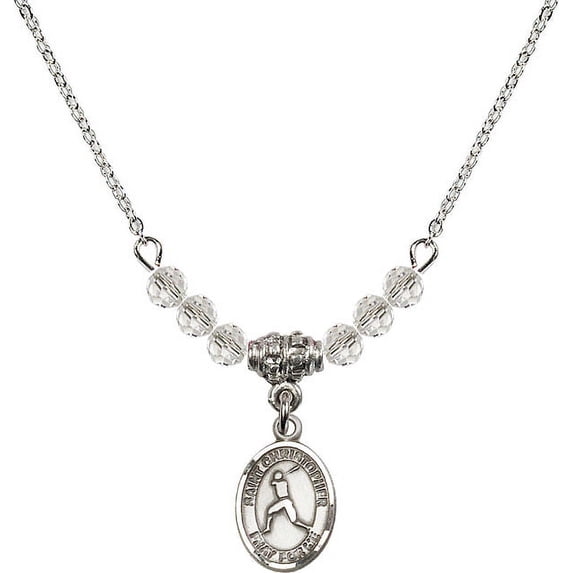 18-Inch Rhodium Plated Necklace with 4mm White April Birth Month Stone Beads and Saint Christopher/Baseball Charm