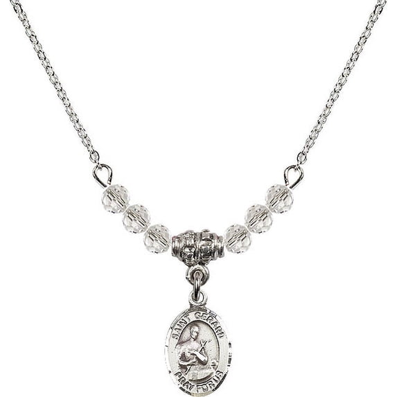 18-Inch Rhodium Plated Necklace with 4mm White April Birth Month Stone Beads and Saint Gerard Majella Charm