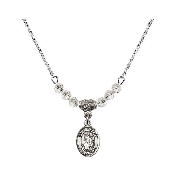 18-Inch Rhodium Plated Necklace with 4mm White April Birth Month Stone Beads and Saint Hubert of Liege Charm