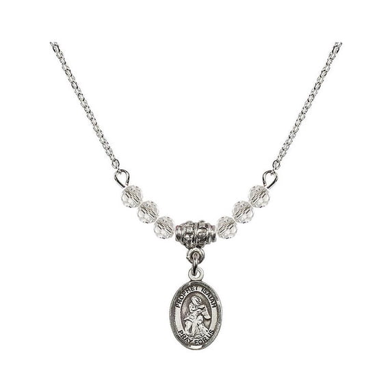 18-Inch Rhodium Plated Necklace with 4mm White April Birth Month Stone Beads and Saint Isaiah Charm
