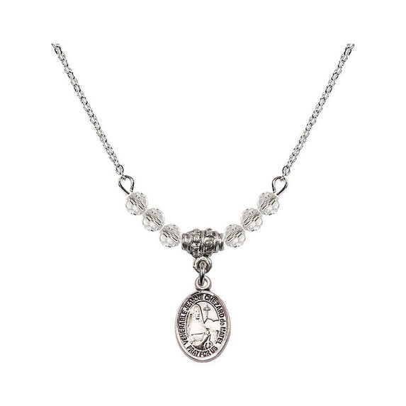 18-Inch Rhodium Plated Necklace with 4mm White April Birth Month Stone Beads and Saint Jeanne Chezard de Matel Charm