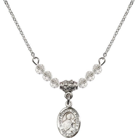 18-Inch Rhodium Plated Necklace with 4mm White April Birth Month Stone Beads and Saint Martin de Porres Charm