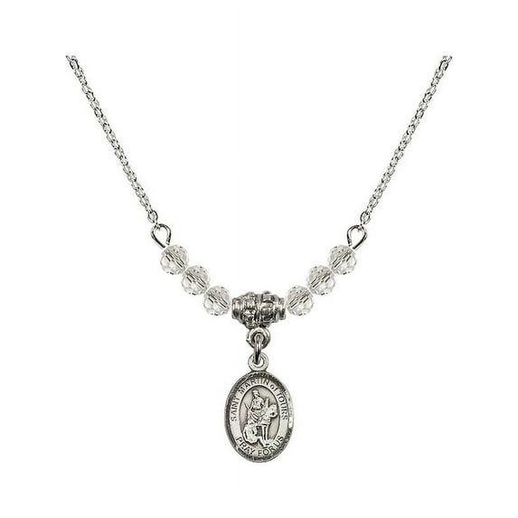 18-Inch Rhodium Plated Necklace with 4mm White April Birth Month Stone Beads and Saint Martin of Tours Charm