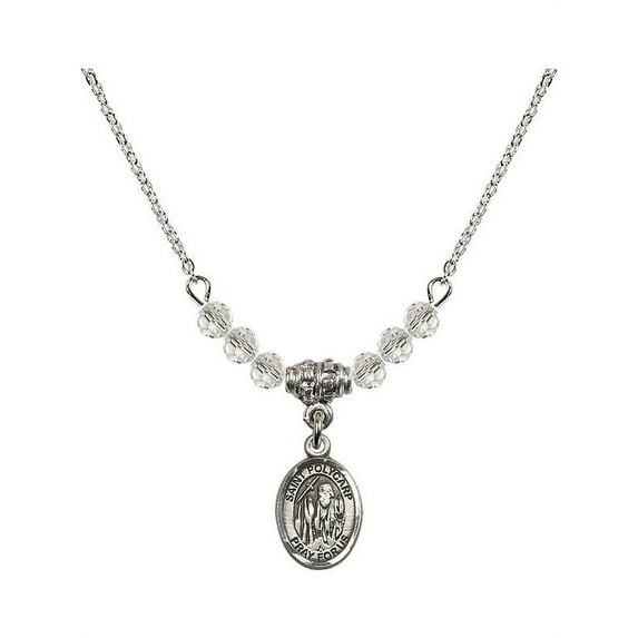 18-Inch Rhodium Plated Necklace with 4mm White April Birth Month Stone Beads and Saint Polycarp of Smyrna Charm