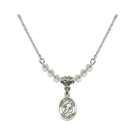 18-Inch Rhodium Plated Necklace with 4mm White April Birth Month Stone Beads and Saint Sebastian/Soccer Charm