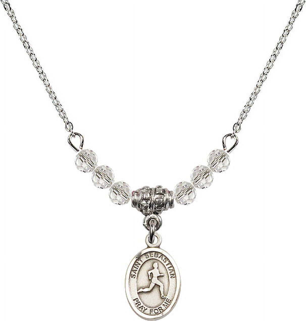 18-Inch Rhodium Plated Necklace with 4mm White April Birth Month Stone Beads and Saint Sebastian/Track & Field Charm