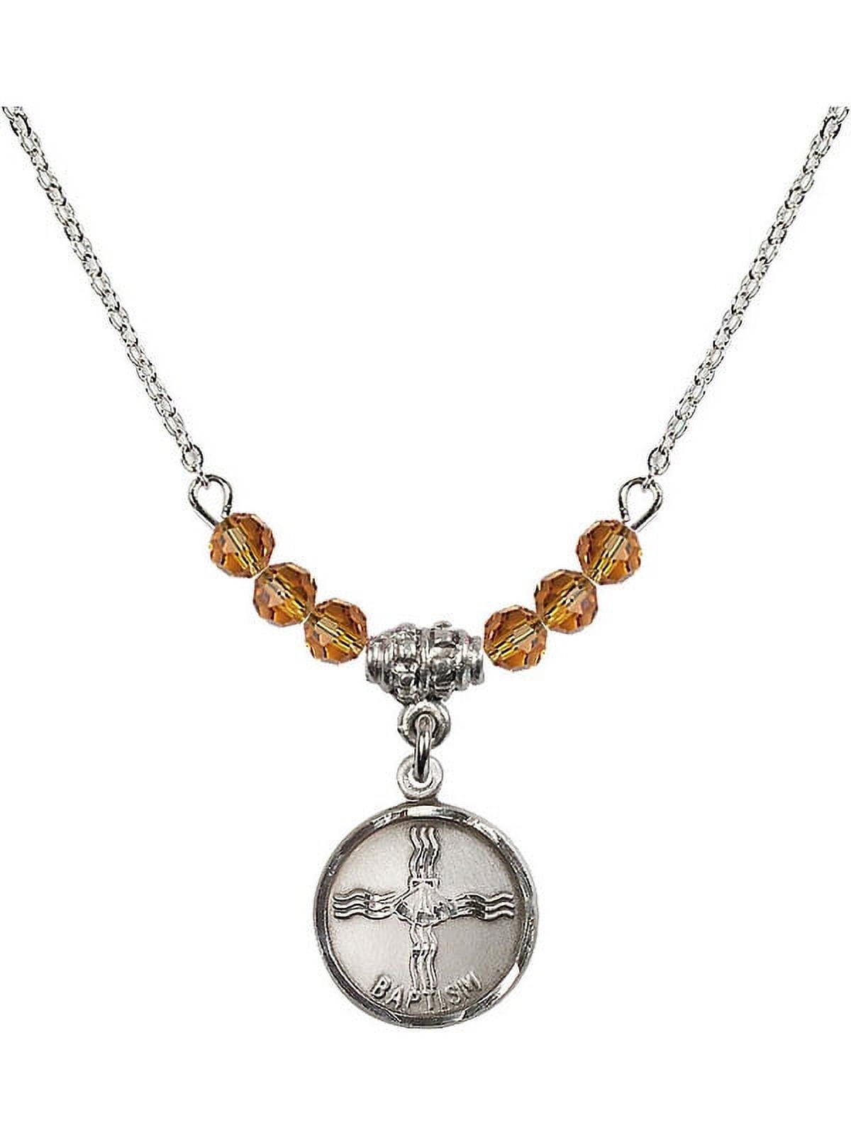 18-Inch Rhodium Plated Necklace with 4mm Yellow November Birth Month Stone Beads and Baptism Charm