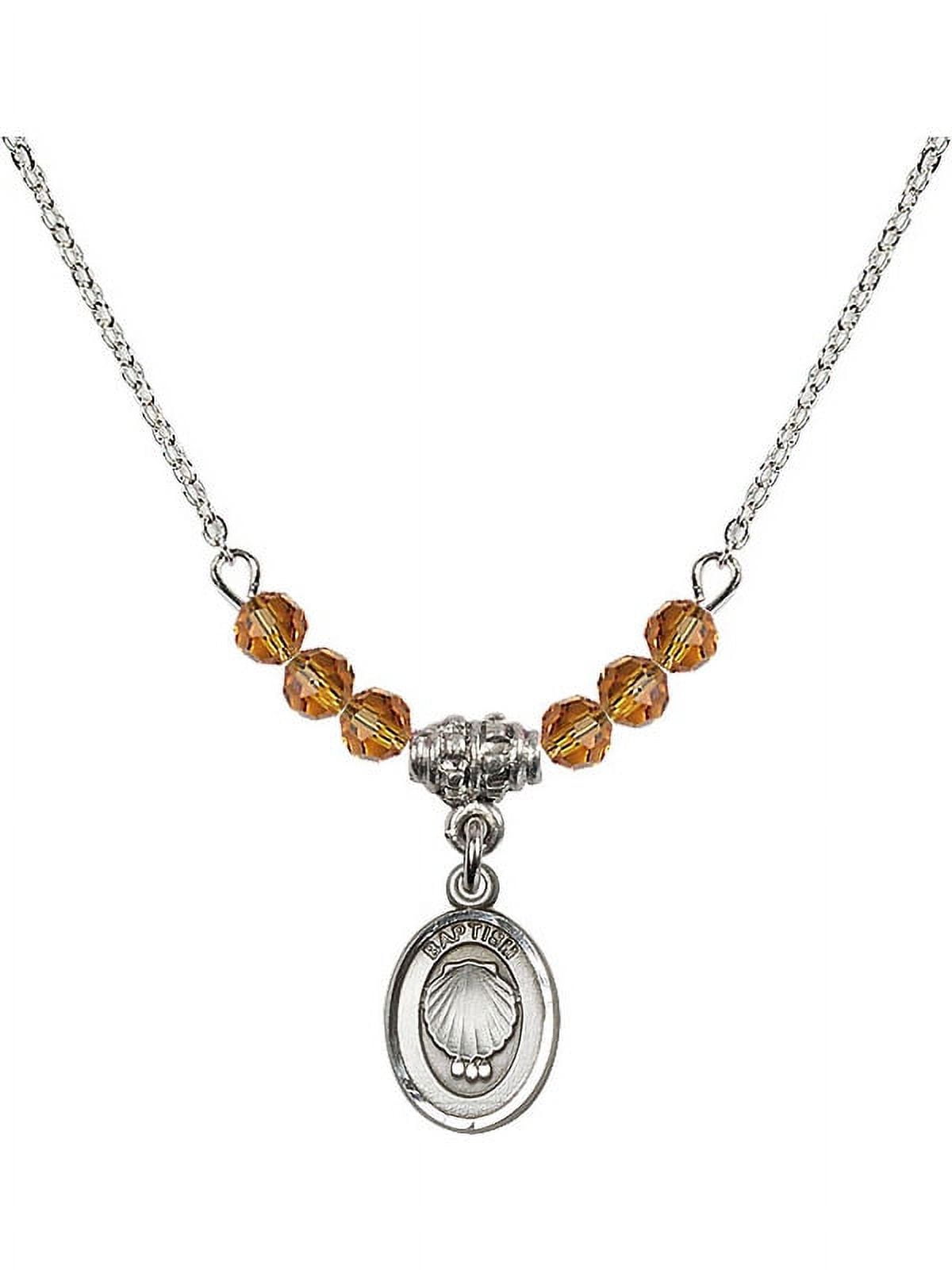 18-Inch Rhodium Plated Necklace with 4mm Yellow November Birth Month Stone Beads and Baptism Charm