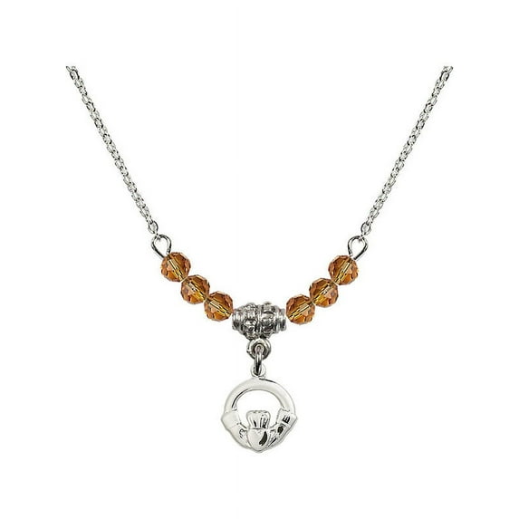 18-Inch Rhodium Plated Necklace with 4mm Yellow November Birth Month Stone Beads and Claddagh Charm