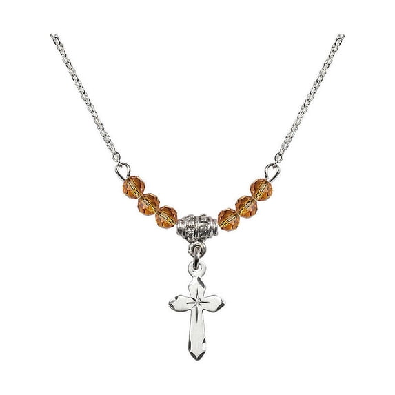 18-Inch Rhodium Plated Necklace with 4mm Yellow November Birth Month Stone Beads and Cross Charm